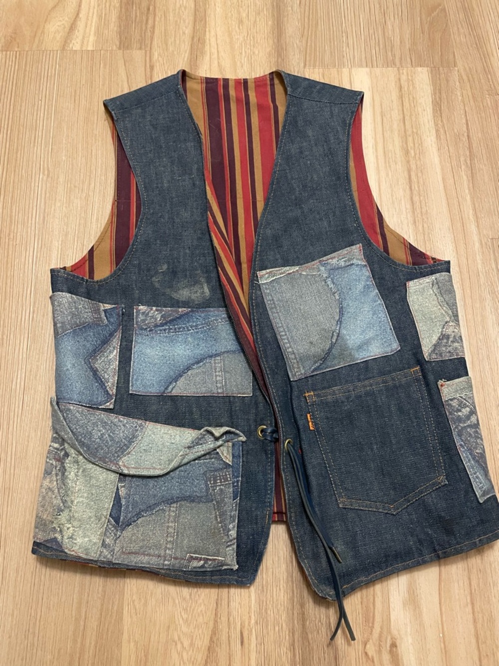 Vintage Levi’s Fresh Produce Patchwork Reversible Denim Vest Leather Lace Close